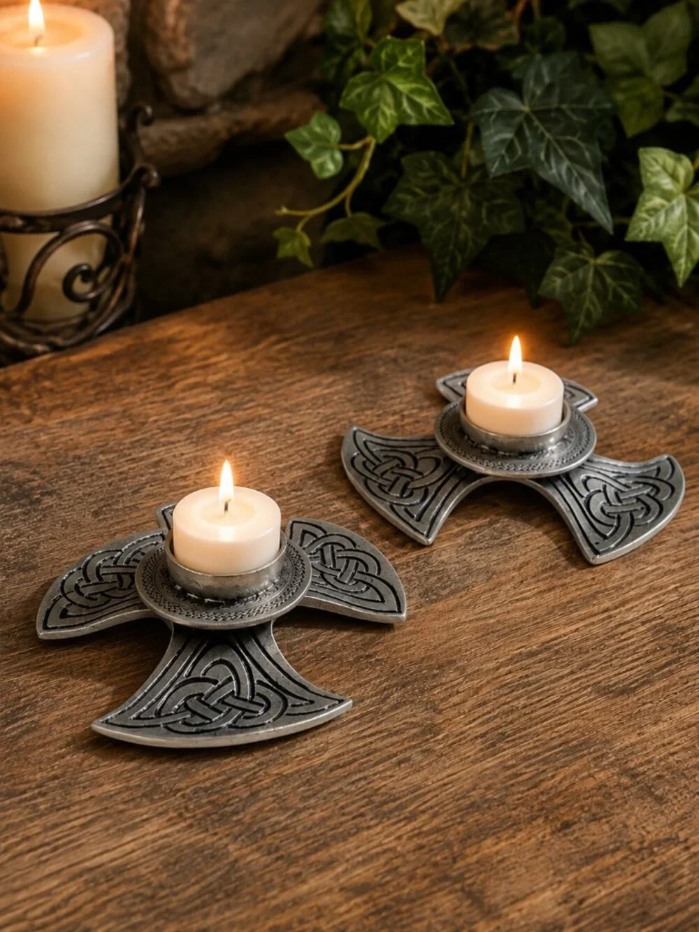 Vintage Piper Pewter Celtic Axe Head Candle Holders Knox Trinity Knot Set of 2